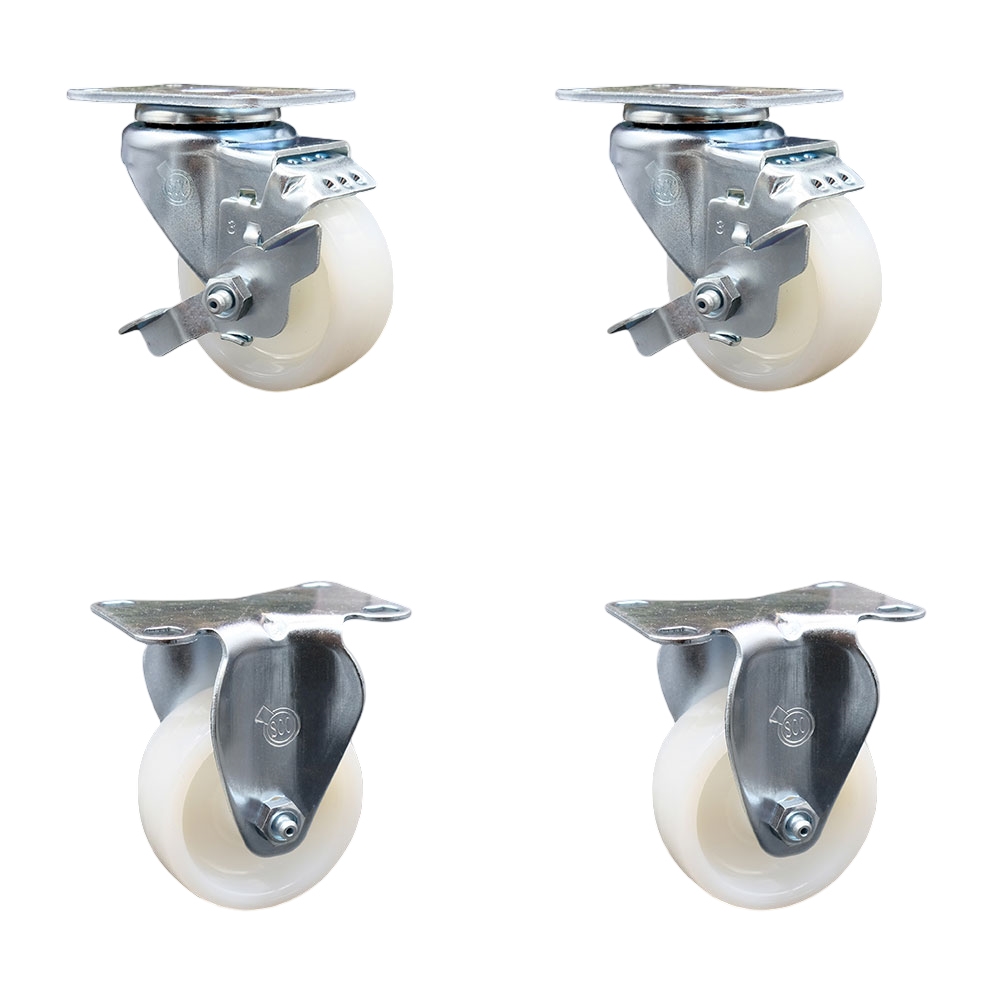 Nylon Swivel Top Plate Caster Set of 4 with 3 Inch White Wheels - Includes 2 Swivel with Top Locking Brakes and 2 Rigid - 1200 lbs. Total Capacity - Service Caster Brand — photo 1