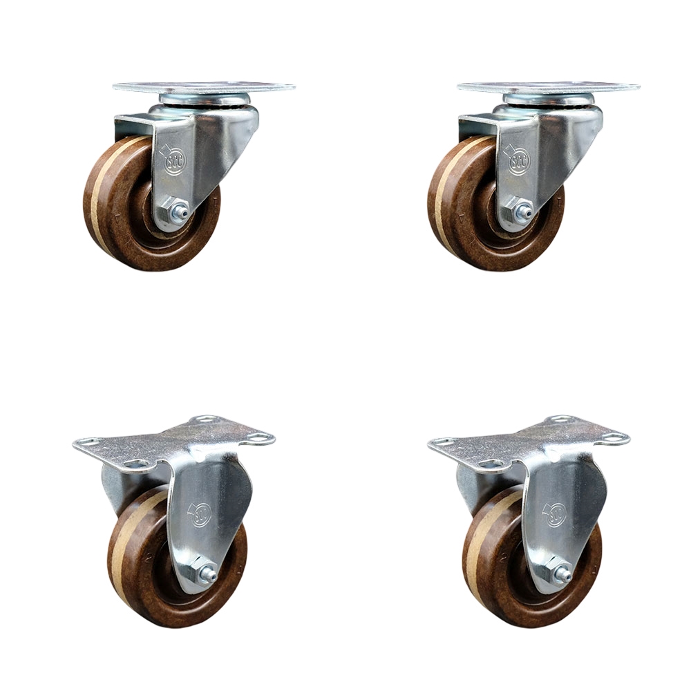 High Temperature Phenolic Swivel Top Plate Caster Set of 4 with Roller Bearings - 3 Inch Brown Wheels - Includes 2 Swivel and 2 Rigid - 1200 lbs. Total Capacity - Service Caster Brand — photo 1