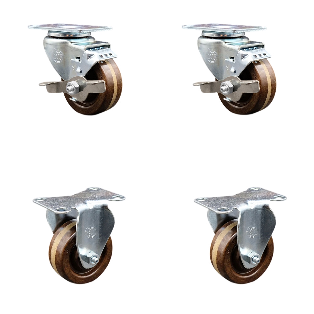 High Temperature Caster Set of 4 with 2 Brakes and 2 Rigid - 3 Inch High Temperature Phenolic Wheel with Roller Bearing – 4 Inch x 4-1/2 Inch Overall Top Plate – Service Caster Brand — photo 1