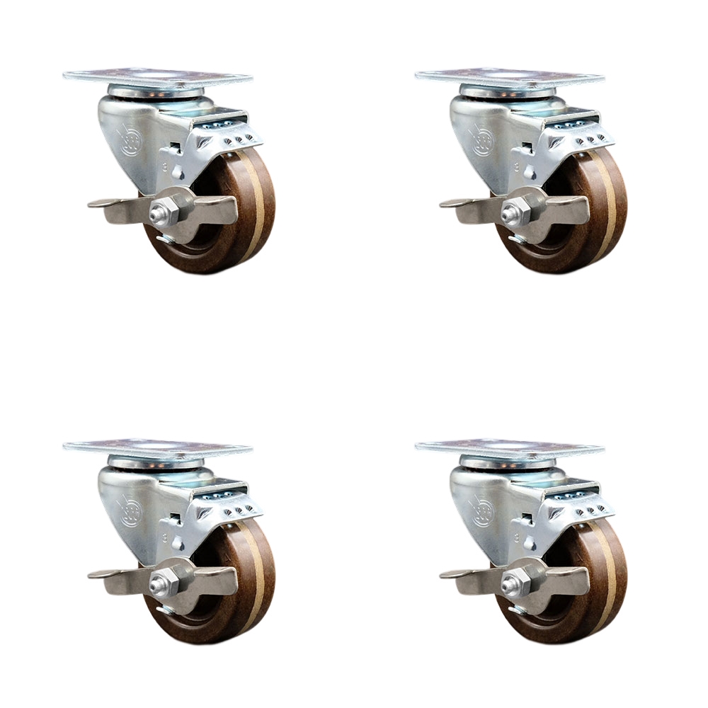 High Temperature Phenolic Swivel Top Plate Caster Set of 4 with Roller Bearings-3 Inch Wheels - Includes 4 Swivel with Top Lock Brakes-1200 lbs. Total Capacity - Service Caster Brand — photo 1