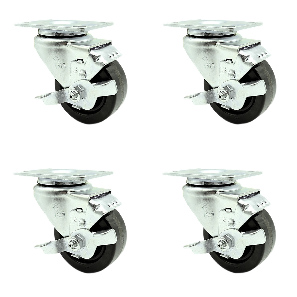 Phenolic Swivel Top Plate Caster Set of 4 with 3 Inch Black Wheels - Includes 4 Swivel with Top Lock Brakes - 1200 lbs. Total Capacity - Service Caster Brand — photo 1