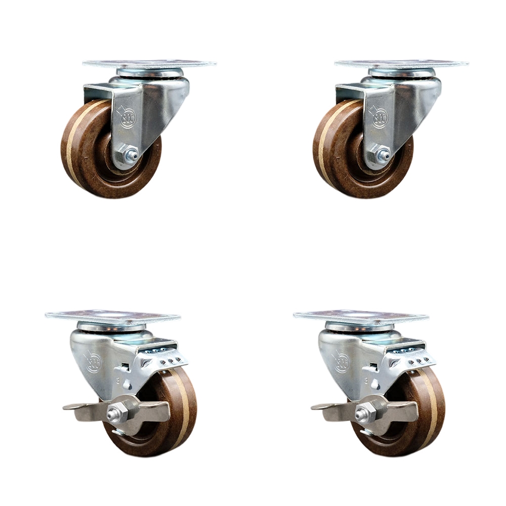 High Temperature Swivel Caster Set of 4 with 2 Brakes and 3 Inch High Temperature Phenolic Wheel – 300 lbs. Capacity Per Caster–3-1/8 Inch x 4-1/8 Inch Overall Top Plate–Service Caster Brand — photo 1