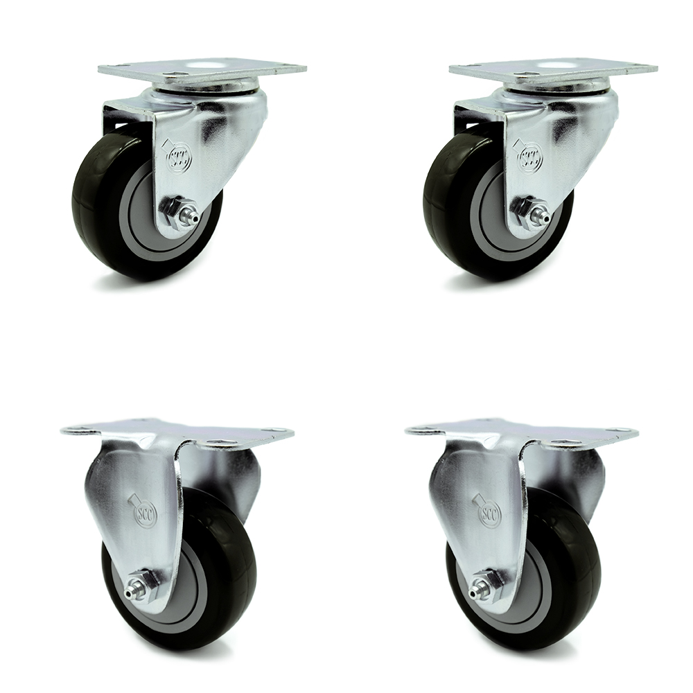 Polyurethane Swivel Top Plate Caster Set of 4 with 3 Inch Black Wheels - Includes 2 Swivel and 2 Rigid - 1200 lbs. Total Capacity - Service Caster Brand — photo 1