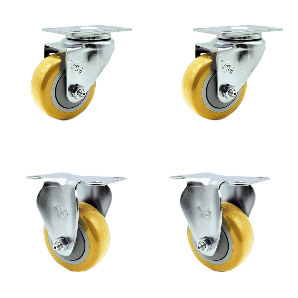 Swivel Caster Set of 4 with 2 Rigid Casters - 3 Inch Yellow Polyurethane Wheel – 300 lbs. Capacity Per Caster–4 Inch x 4-1/2 Inch Overall Top Plate–Service Caster Brand — photo 1