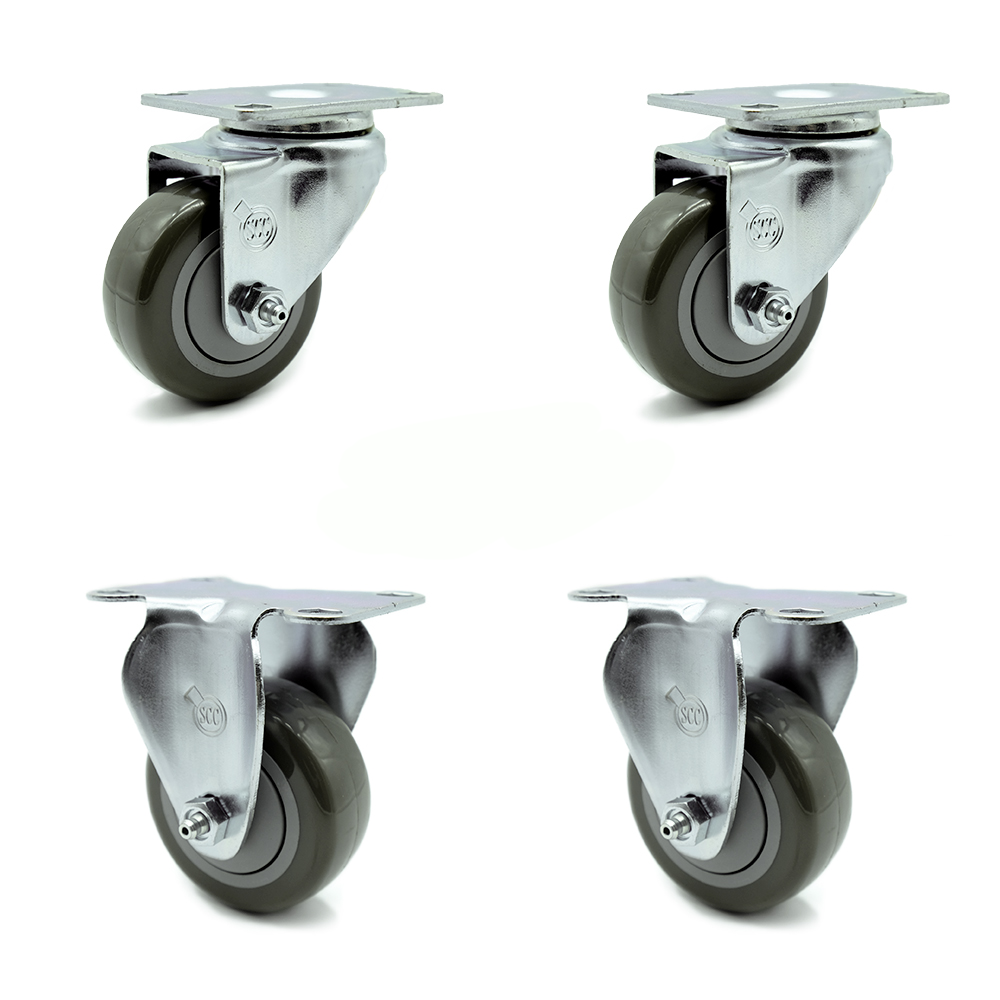 Swivel Caster Set of 4 with 2 Rigid Casters - 3 Inch Gray Polyurethane Wheel – 300 lbs. Capacity Per Caster–4 Inch x 4-1/2 Inch Overall Top Plate–Service Caster Brand — photo 1