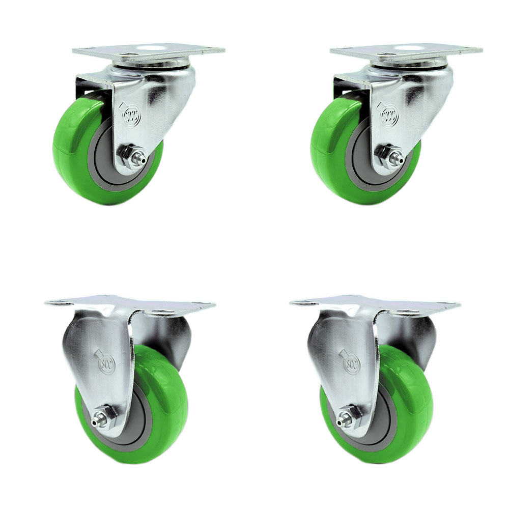 Swivel Caster Set of 4 with 2 Rigid Casters - 3 Inch Green Polyurethane Wheel – 300 lbs. Capacity Per Caster–4 Inch x 4-1/2 Inch Overall Top Plate–Service Caster Brand — photo 1