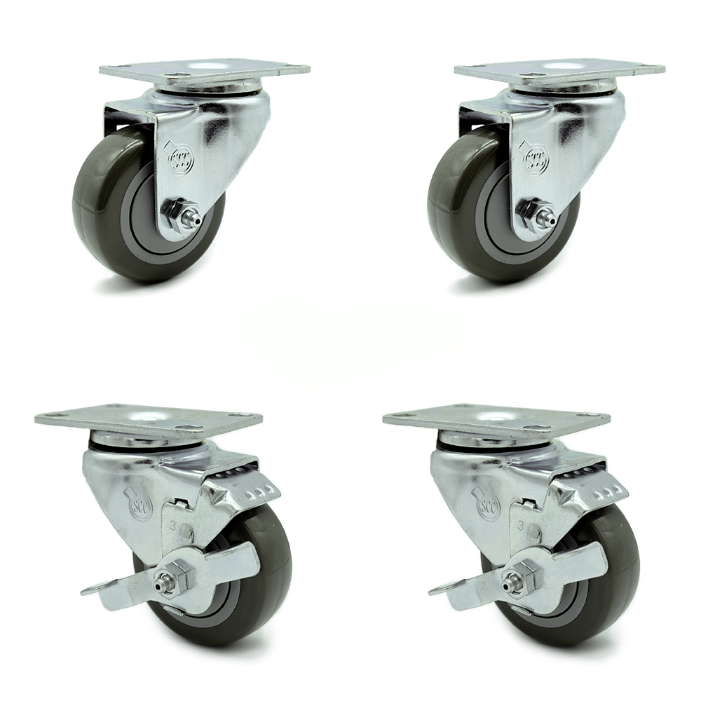 Swivel Caster Set of 4 with 2 Brakes - 3 Inch Gray Polyurethane Wheel – 300 lbs. Capacity Per Caster – 4 Inch x 4-1/2 Inch Overall Top Plate – Service Caster Brand — photo 1