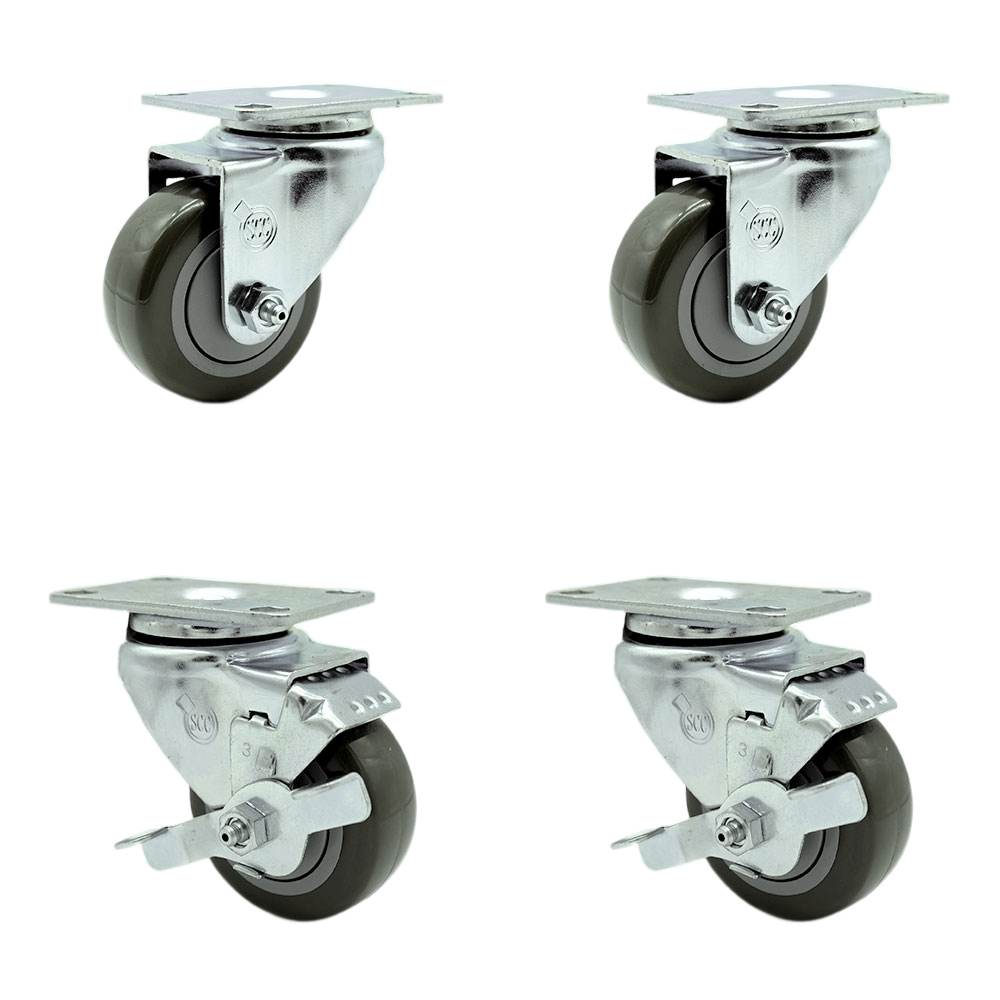 Polyurethane Swivel Top Plate Caster Set of 4 with 3 Inch Gray Wheels - Includes 2 Swivel with Top Locking Brakes and 2 Swivel - 1200 lbs. Total Capacity - Service Caster Brand — photo 1