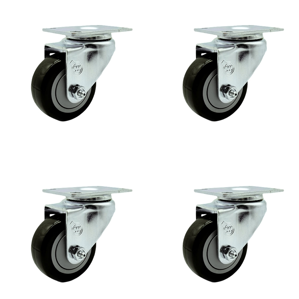Swivel Caster Set of 4 with 3 Inch Black Polyurethane Wheel – 300 lbs. Capacity Per Caster – 3-1/8 Inch x 4-1/8 Inch Overall Top Plate – Service Caster Brand — photo 1