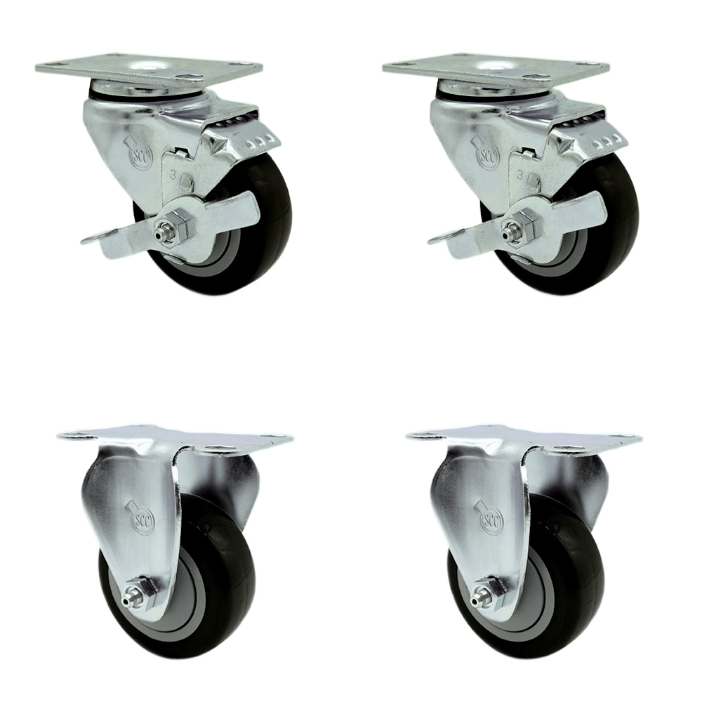 Polyurethane Swivel Top Plate Caster Set of 4 with 3 Inch Black Wheels - Includes 2 Swivel with Top Locking Brakes and 2 Rigid - 1200 lbs. Total Capacity - Service Caster Brand — photo 1
