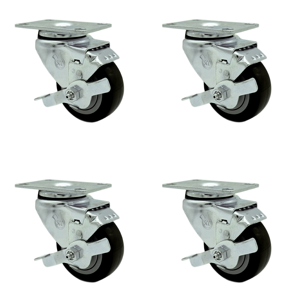 Polyurethane Swivel Top Plate Caster Set of 4 with 3 Inch Black Wheels - Includes 4 Swivel with Top Lock Brakes - 1200 lbs. Total Capacity - Service Caster Brand — photo 1