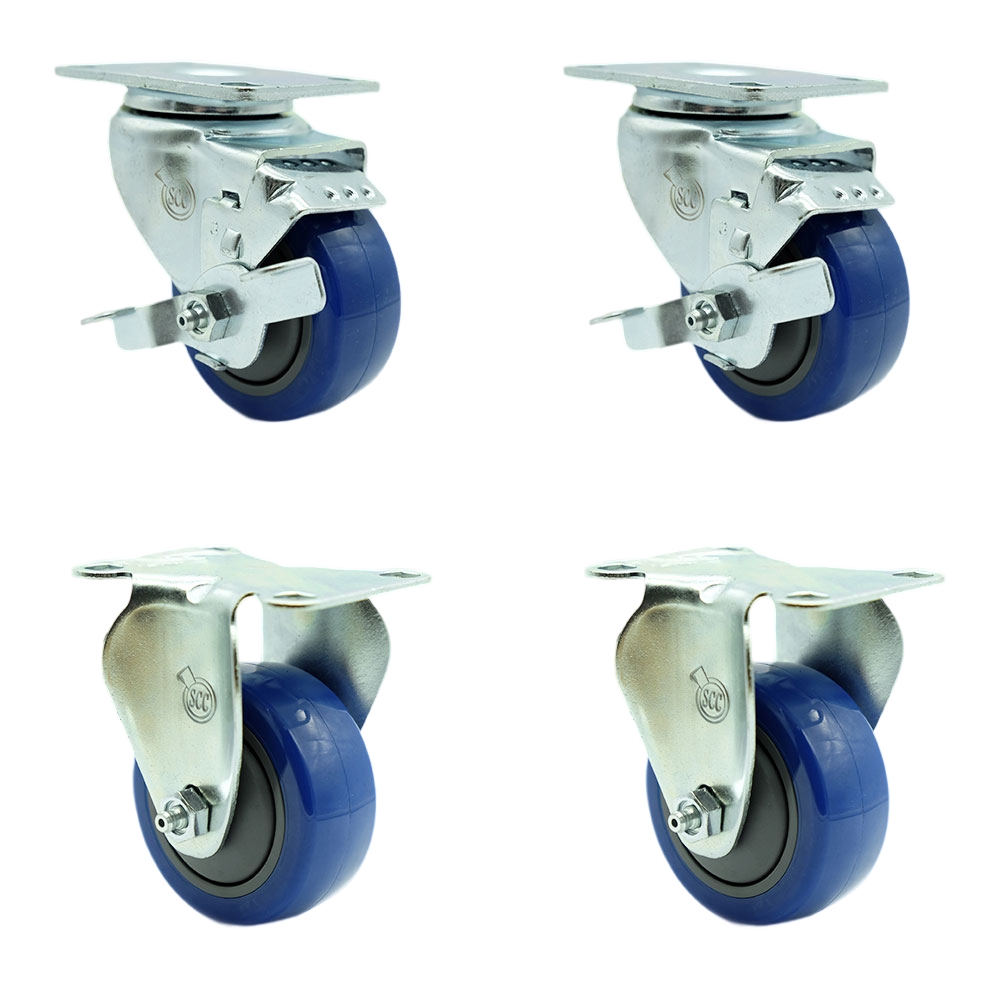 Polyurethane Swivel Top Plate Caster Set of 4 with 3 Inch Blue Wheels - Includes 2 Swivel with Top Locking Brakes and 2 Rigid - 1200 lbs. Total Capacity - Service Caster Brand — photo 1