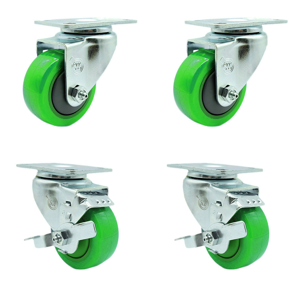 Swivel Caster Set of 4 with 2 Brakes - 3 Inch Green Polyurethane Wheel – 300 lbs. Capacity Per Caster – 3-1/8 Inch x 4-1/8 Inch Overall Top Plate – Service Caster Brand — photo 1