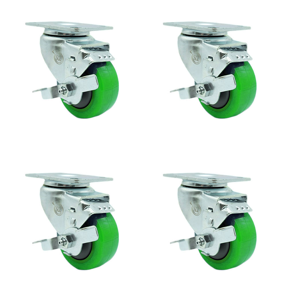 Polyurethane Swivel Top Plate Caster Set of 4 with 3 Inch Green Wheels - Includes 4 Swivel with Top Lock Brakes - 1200 lbs. Total Capacity - Service Caster Brand — photo 1