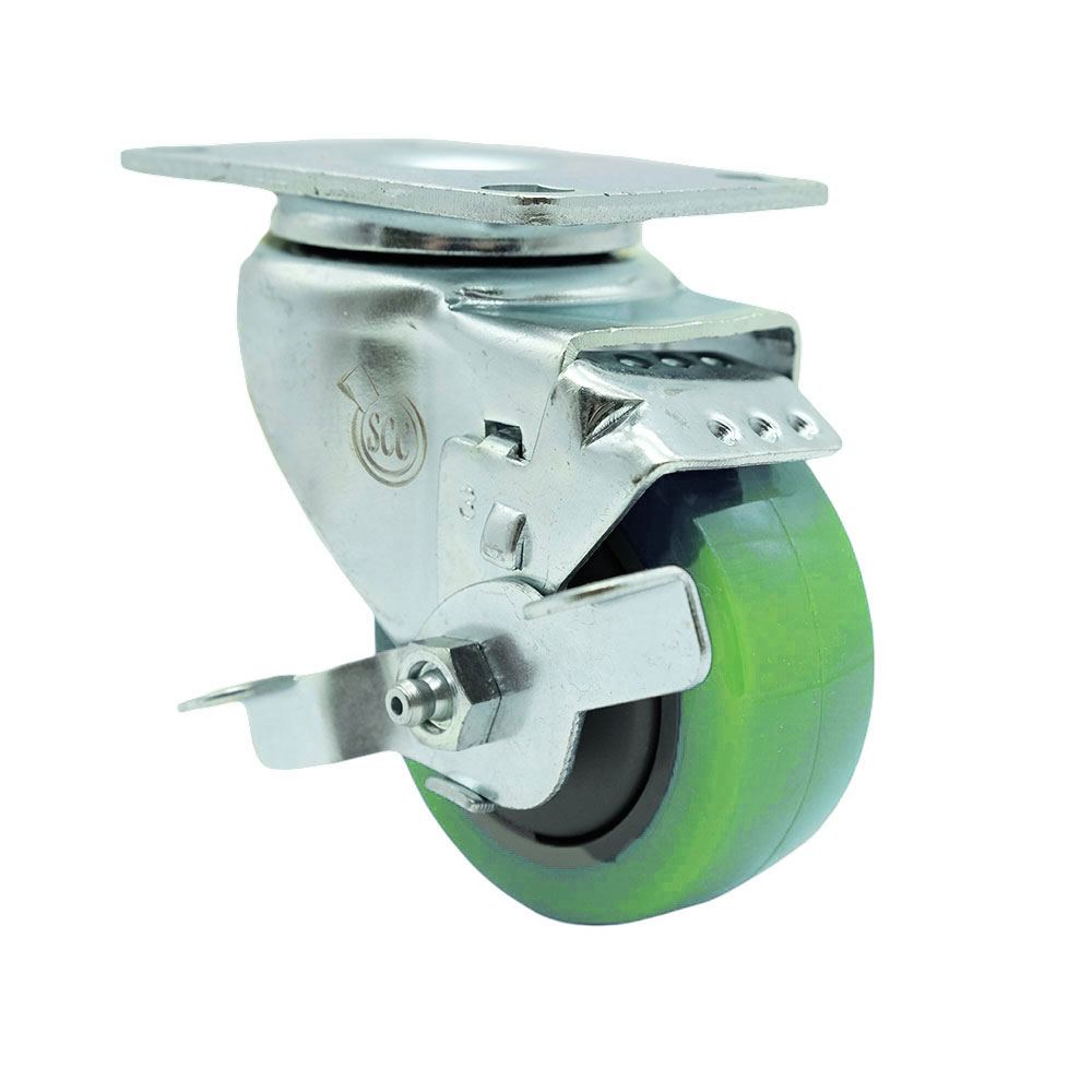 Swivel Caster with Top Lock Brake and 3 Inch Green Polyurethane Wheel – 300 lbs. Capacity Per Caster – 3-1/8 Inch x 4-1/8 Inch Overall Top Plate –Service Caster Brand — photo 1