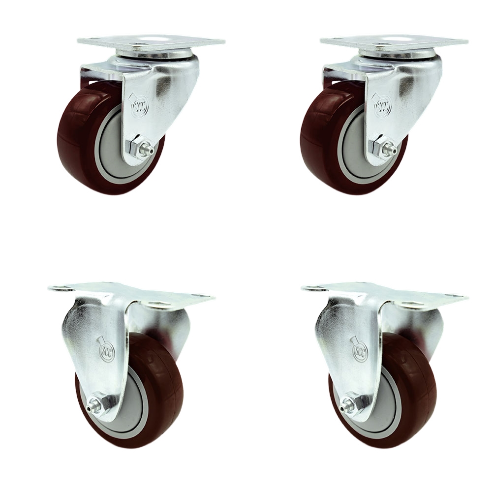 Swivel Caster Set of 4 with 2 Rigid Casters - 3 Inch Maroon Polyurethane Wheel – 300 lbs. Capacity Per Caster–3-1/8 Inch x 4-1/8 Inch Overall Top Plate–Service Caster Brand — photo 1