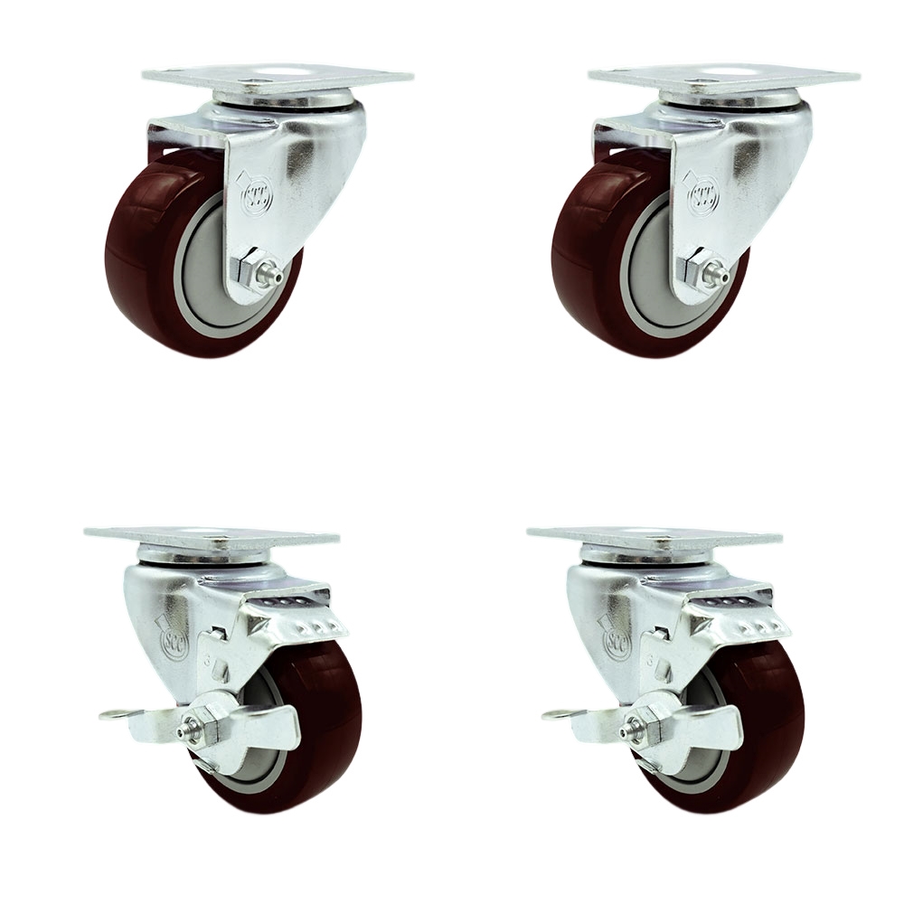 Swivel Caster Set of 4 with 2 Brakes - 3 Inch Maroon Polyurethane Wheel – 300 lbs. Capacity Per Caster – 4 Inch x 4-1/2 Inch Overall Top Plate – Service Caster Brand — photo 1