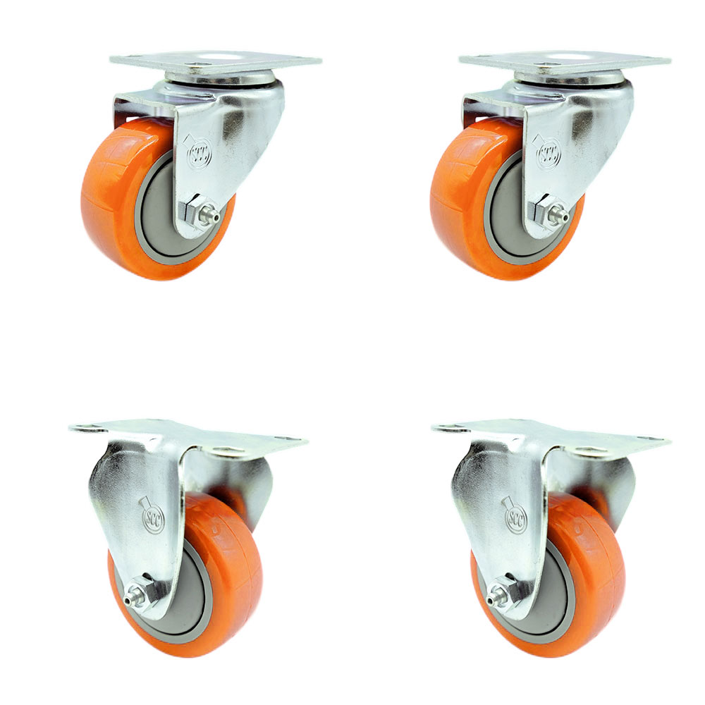 Swivel Caster Set of 4 with 2 Rigid Casters - 3 Inch Orange Polyurethane Wheel – 300 lbs. Capacity Per Caster–3-1/8 Inch x 4-1/8 Inch Overall Top Plate–Service Caster Brand — photo 1