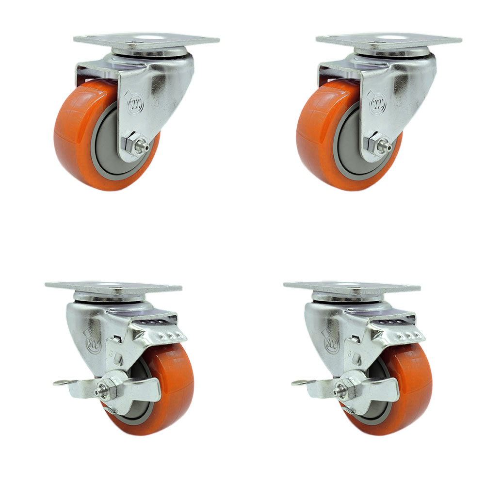 Polyurethane Swivel Top Plate Caster Set of 4 with 3 Inch Orange Caster Wheels - 316 Stainless Steel Casters - Includes 2 Swivel with Top Lock Brakes and 2 Swivel - Service Caster Brand — photo 1