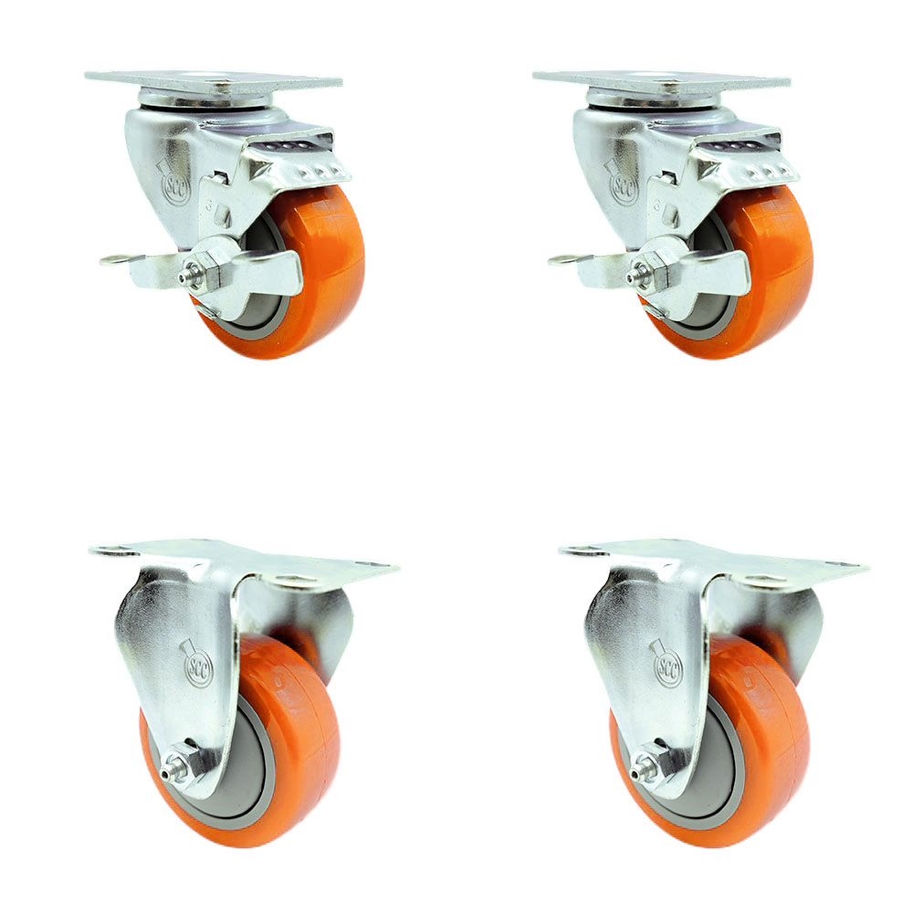 Swivel Caster Set of 4 with 2 Brakes and 2 Rigid - 3 Inch Orange Polyurethane Wheel – 300 lbs. Capacity Per Caster – 3-1/8 Inch x 4-1/8 Inch Overall Top Plate – Service Caster Brand — photo 1