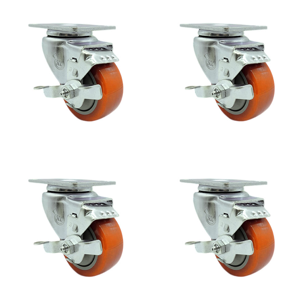 Polyurethane Swivel Top Plate Caster Set of 4 with 3 Inch Orange Caster Wheels-316 Stainless Steel Casters-Includes 4 Swivel Casters with Top Lock Brakes-1,200 lbs. Total Capacity-Service Caster Brand — photo 1