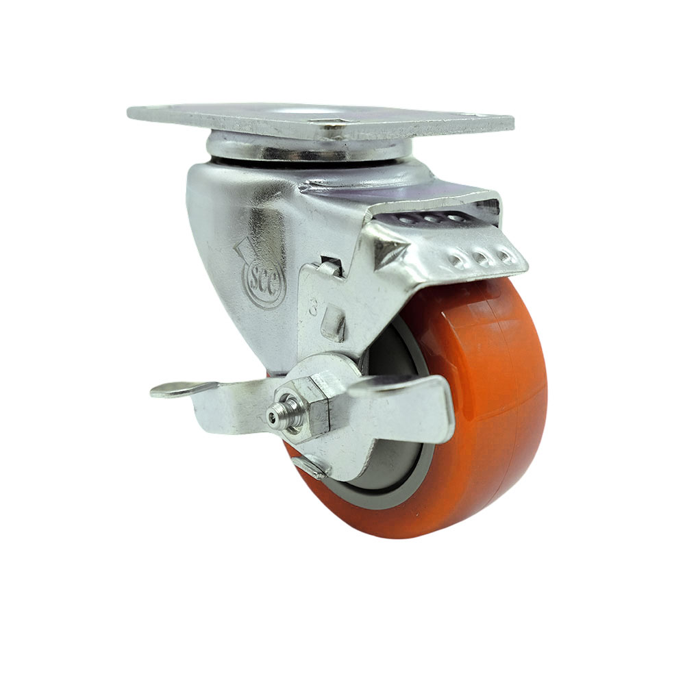 Polyurethane Swivel Top Plate Caster with 3 Inch Orange Caster Wheel and Top Lock Brake - 316 Stainless Steel Caster - 300 lbs. Capacity Per Caster - Service Caster Brand — photo 1