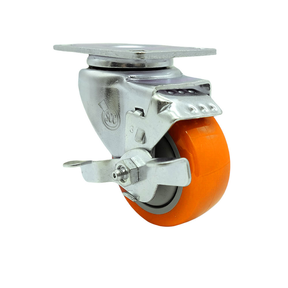 Service Caster Brand Replacement for Colson Caster 2.03356.92 MTG27 BRK1 - Swivel Caster with Top Lock Brake and 3 Inch Orange Polyurethane Wheel - 4 Inch x 4-1/2 Inch Overall Top Plate — photo 1