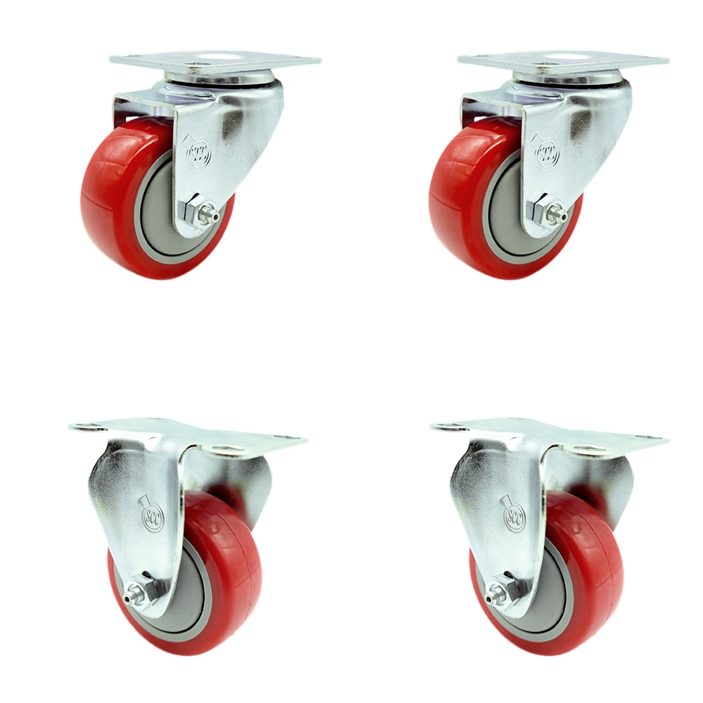 Swivel Caster Set of 4 with 2 Rigid Casters - 3 Inch Red Polyurethane Wheel – 300 lbs. Capacity Per Caster–3-1/8 Inch x 4-1/8 Inch Overall Top Plate–Service Caster Brand — photo 1