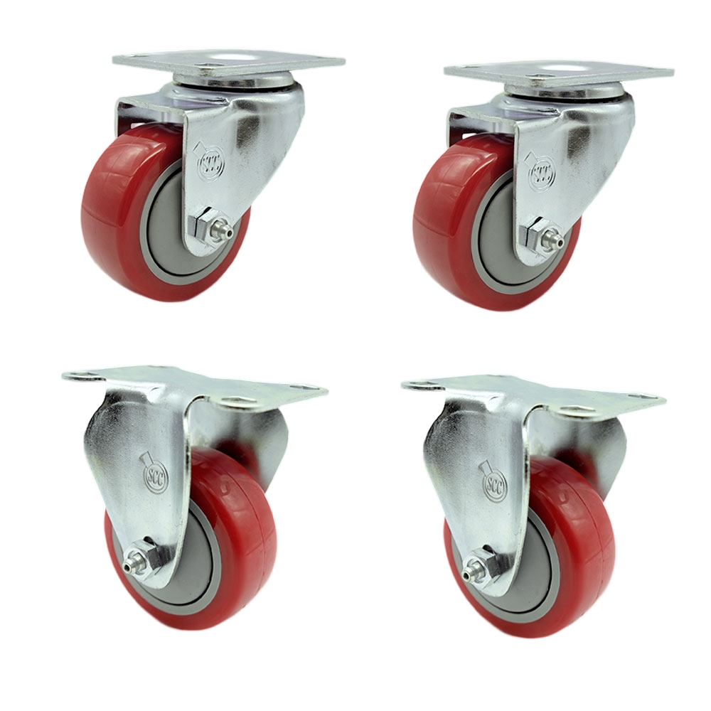 Polyurethane Swivel Top Plate Caster Set of 4 with 3 Inch Red Wheels - Includes 2 Swivel and 2 Rigid - 1200 lbs. Total Capacity - Service Caster Brand — photo 1