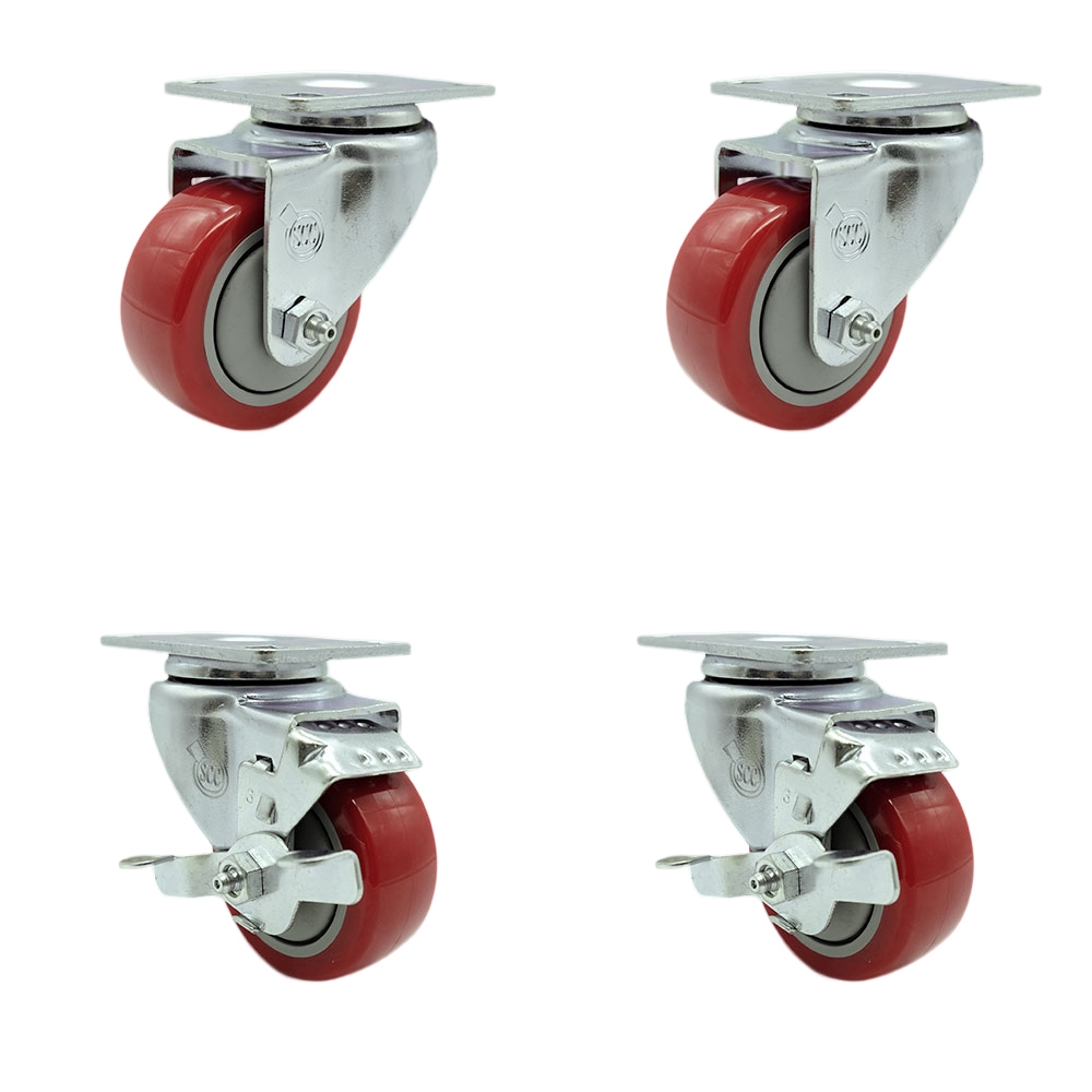 Polyurethane Swivel Top Plate Caster Set of 4 with 3 Inch Red Wheels - Includes 2 Swivel with Top Locking Brakes and 2 Swivel - 1200 lbs. Total Capacity - Service Caster Brand — photo 1