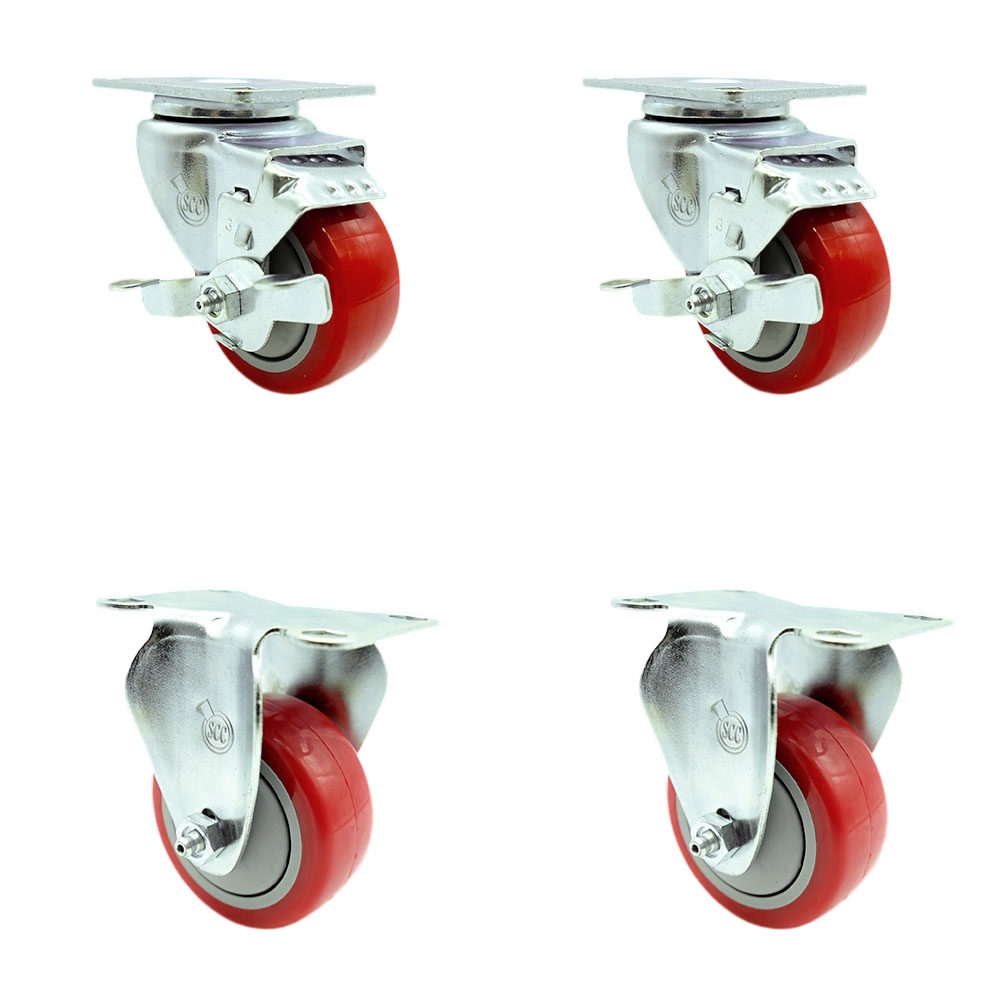Swivel Caster Set of 4 with 2 Brakes and 2 Rigid - 3 Inch Red Polyurethane Wheel – 300 lbs. Capacity Per Caster – 4 Inch x 4-1/2 Inch Overall Top Plate – Service Caster Brand — photo 1