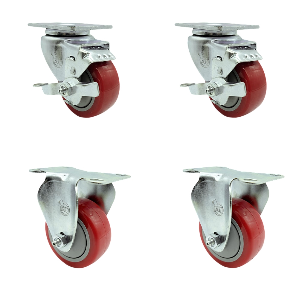 Polyurethane Swivel Top Plate Caster Set of 4 with 3 Inch Red Wheels - Includes 2 Swivel with Top Locking Brakes and 2 Rigid - 1200 lbs. Total Capacity - Service Caster Brand — photo 1