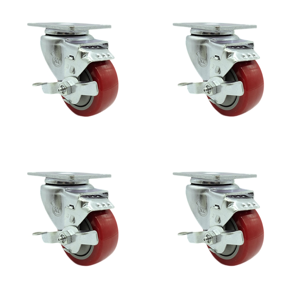 Polyurethane Swivel Top Plate Caster Set of 4 with 3 Inch Red Wheels - Includes 4 Swivel with Top Lock Brakes - 1200 lbs. Total Capacity - Service Caster Brand — photo 1