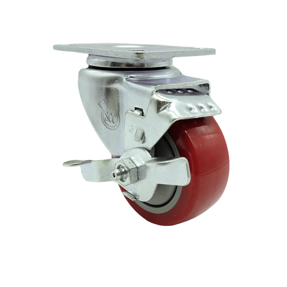 Service Caster Brand Replacement for Colson Caster 2.03356.92 MTG27 BRK1 - Swivel Caster with Top Lock Brake and 3 Inch Red Polyurethane Wheel - 4 Inch x 4-1/2 Inch Overall Top Plate — photo 1