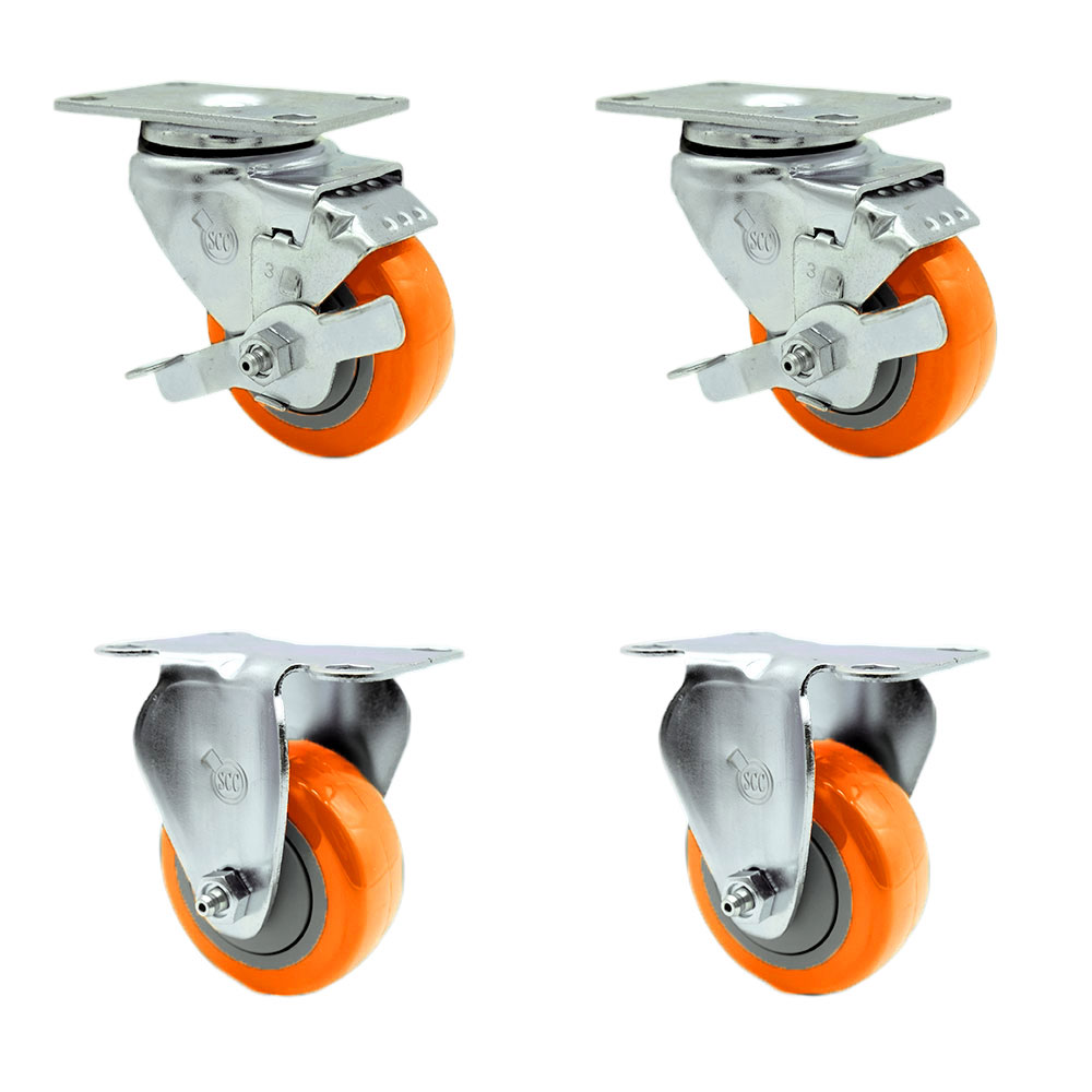 Polyurethane Swivel Top Plate Caster Set of 4 with 3 Inch Orange Wheels - Includes 2 Swivel and 2 Rigid - 1200 lbs. Total Capacity - Service Caster Brand — photo 1