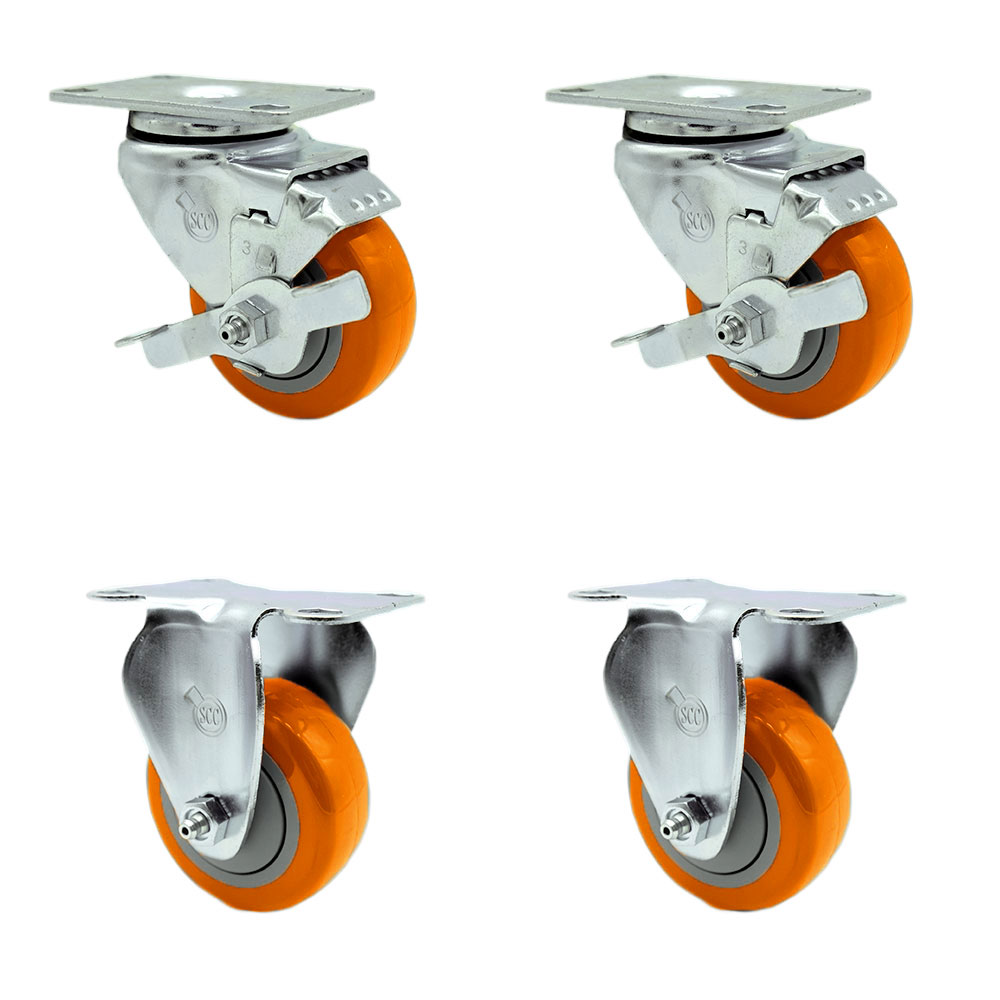 Polyurethane Swivel Top Plate Caster Set of 4 with 3 Inch Orange Wheels - Includes 2 Swivel with Top Locking Brakes and 2 Rigid - 1200 lbs. Total Capacity - Service Caster Brand — photo 1