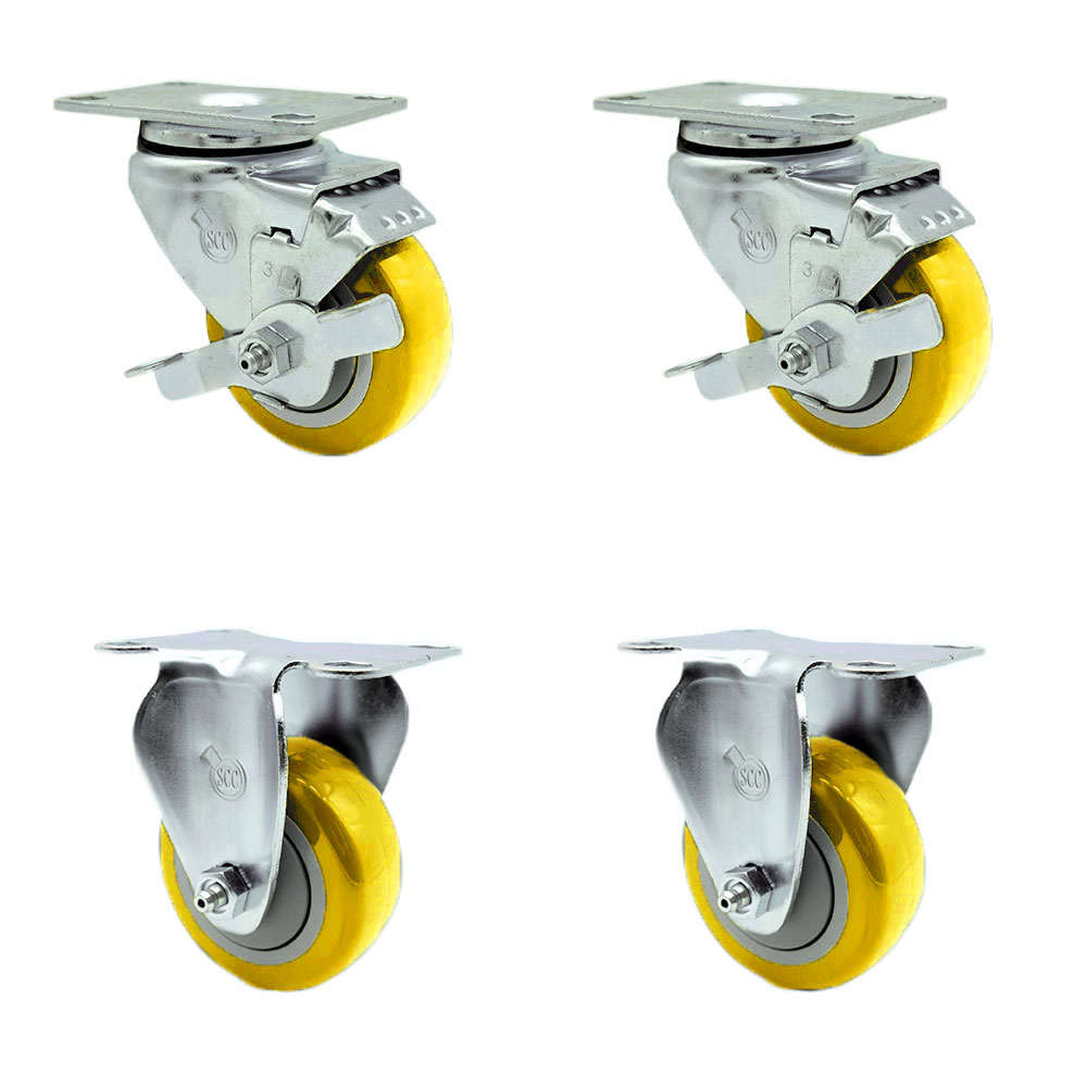 Swivel Caster Set of 4 with 2 Brakes and 2 Rigid - 3 Inch Yellow Polyurethane Wheel – 300 lbs. Capacity Per Caster – 3-1/8 Inch x 4-1/8 Inch Overall Top Plate – Service Caster Brand — photo 1
