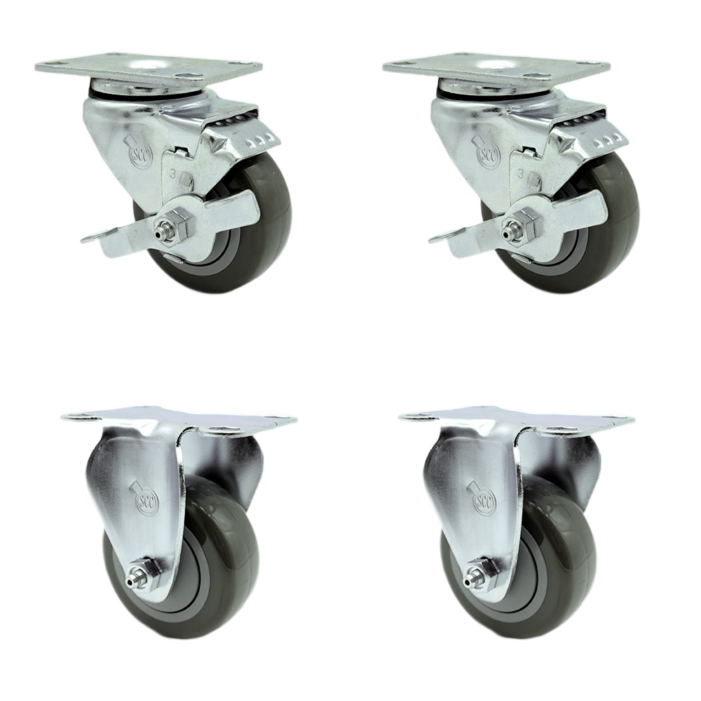 Polyurethane Swivel Top Plate Caster Set of 4 with 3 Inch Gray Wheels - Includes 2 Swivel with Top Locking Brakes and 2 Rigid - 1200 lbs. Total Capacity - Service Caster Brand — photo 1