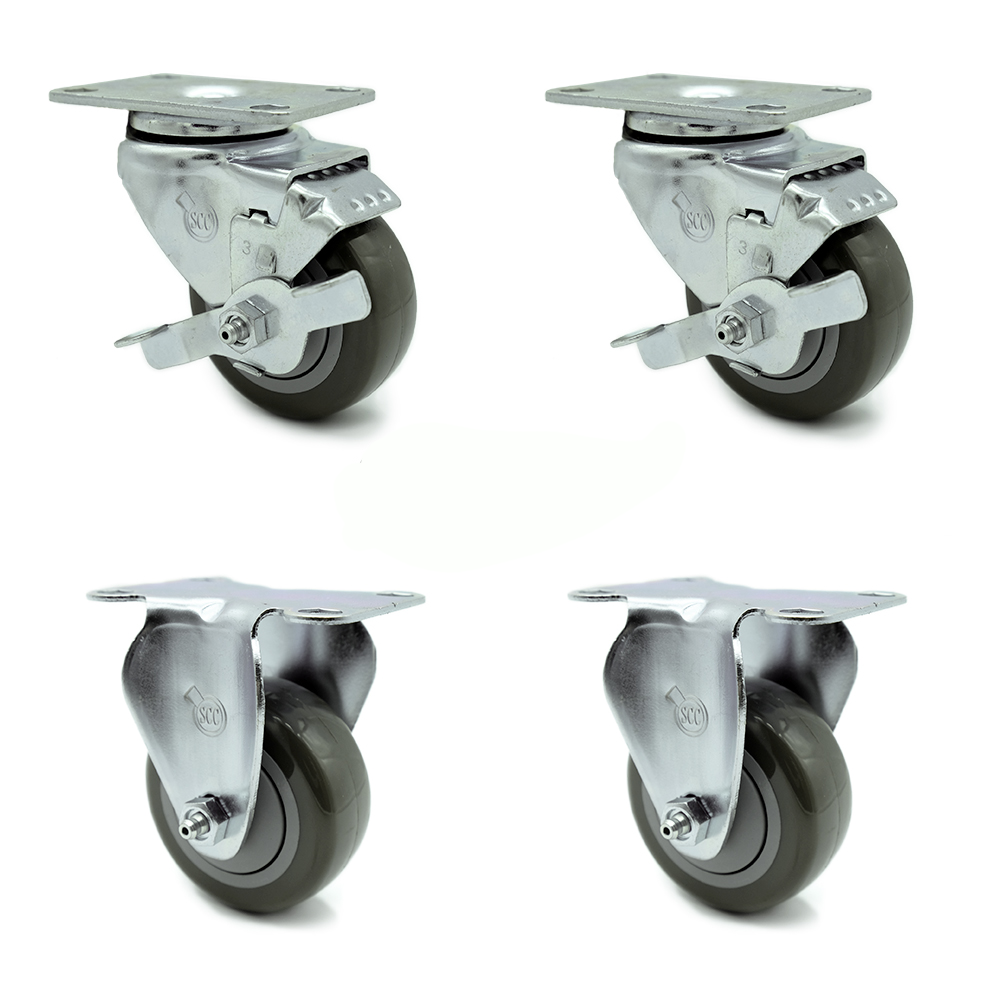 Swivel Caster Set of 4 with 2 Brakes and 2 Rigid - 3 Inch Gray Polyurethane Wheel – 300 lbs. Capacity Per Caster – 4 Inch x 4-1/2 Inch Overall Top Plate – Service Caster Brand — photo 1