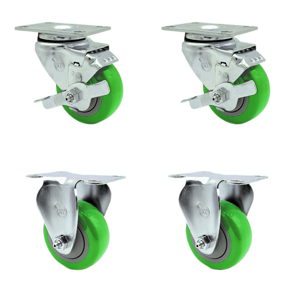 Polyurethane Swivel Top Plate Caster Set of 4 with 3 Inch Green Wheels - Includes 2 Swivel with Top Locking Brakes and 2 Rigid - 1200 lbs. Total Capacity - Service Caster Brand — photo 1