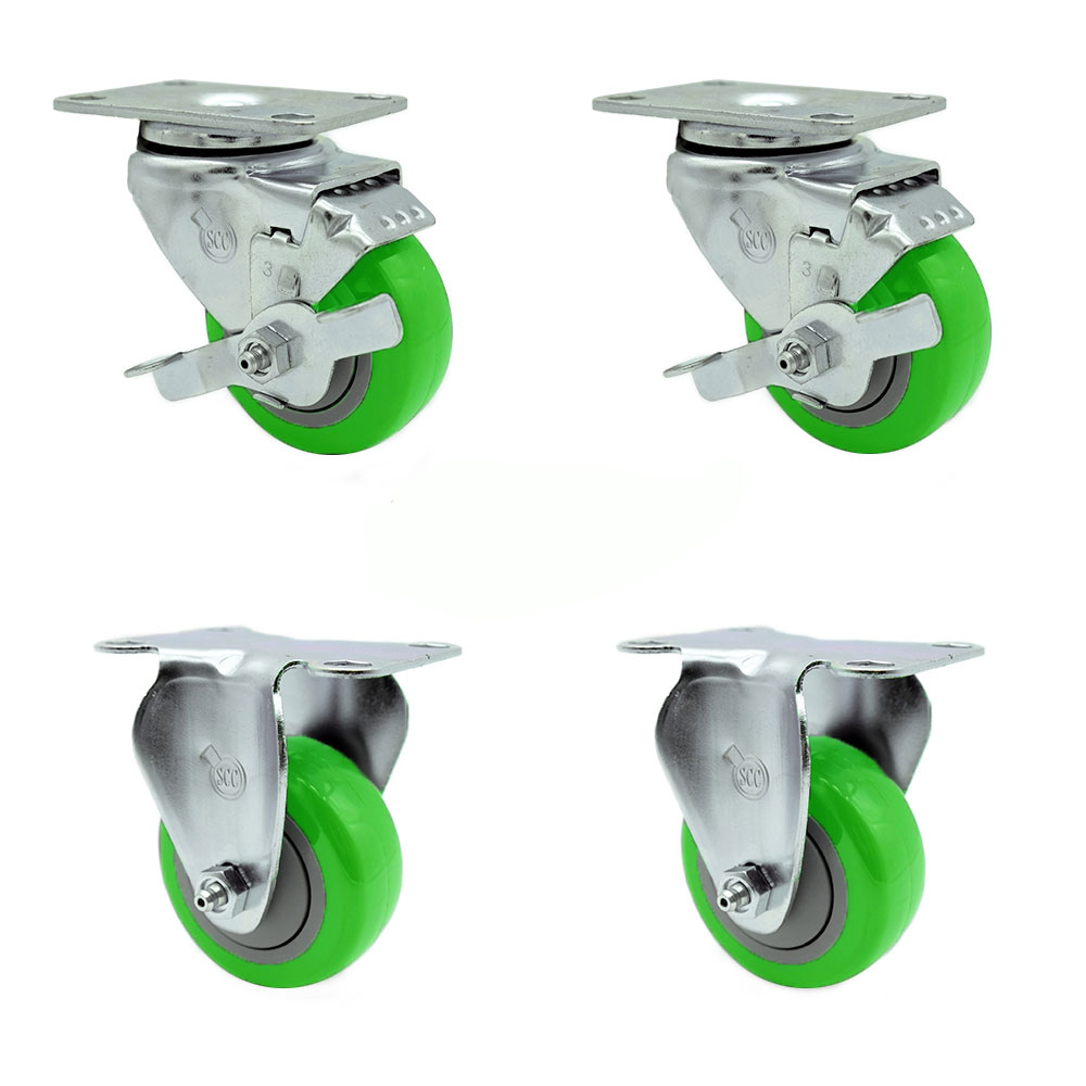 Swivel Caster Set of 4 with 2 Brakes and 2 Rigid - 3 Inch Green Polyurethane Wheel – 300 lbs. Capacity Per Caster – 4 Inch x 4-1/2 Inch Overall Top Plate – Service Caster Brand — photo 1