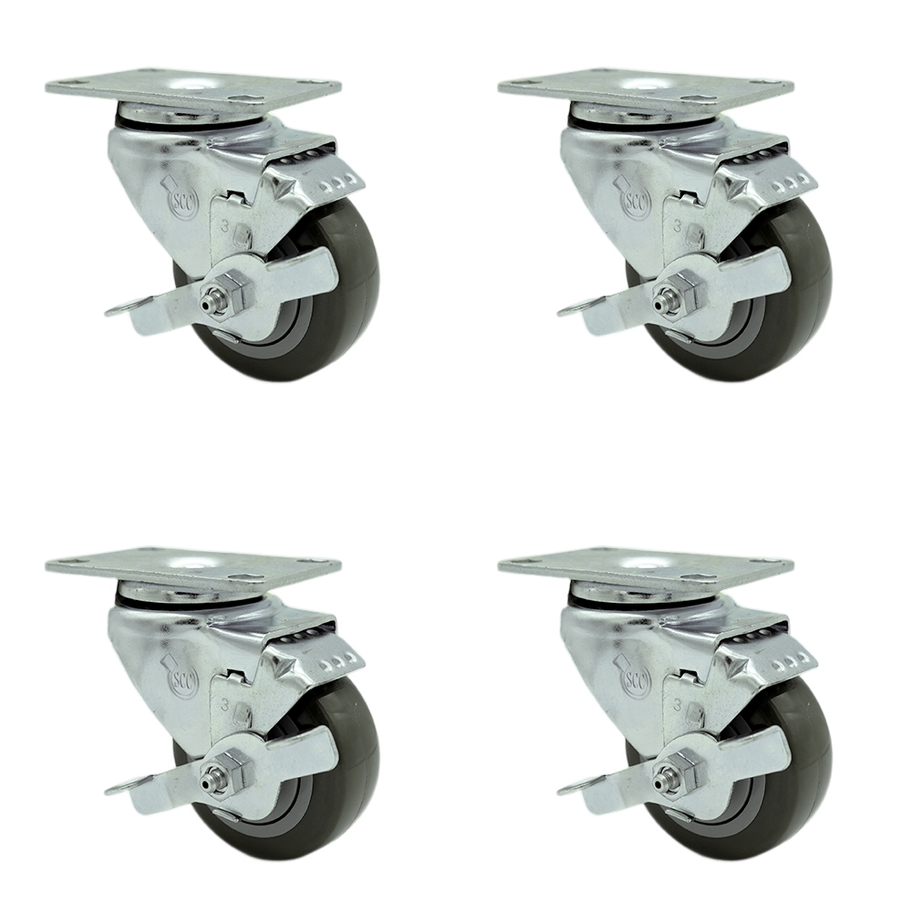 Polyurethane Swivel Top Plate Caster Set of 4 with 3 Inch Gray Wheels - Includes 4 Swivel with Top Lock Brakes - 1200 lbs. Total Capacity - Service Caster Brand — photo 1