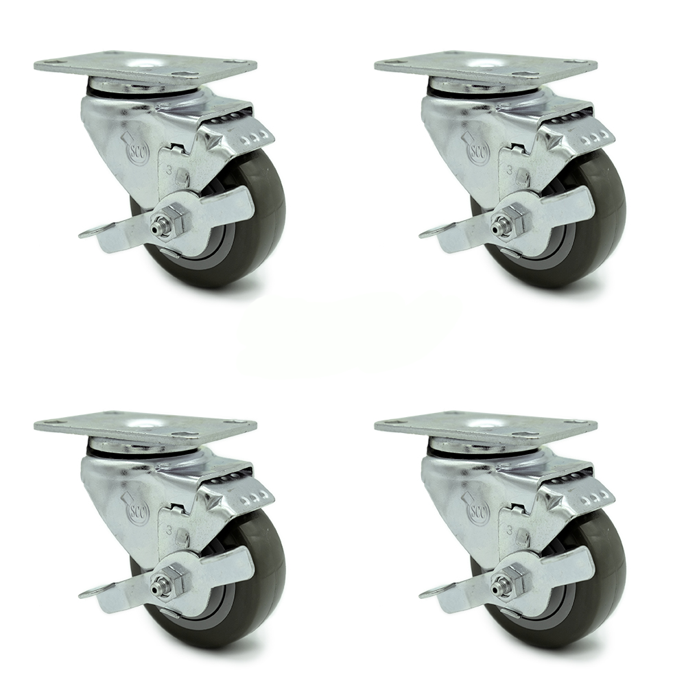 Swivel Caster Set of 4 with Brakes and 3 Inch Gray Polyurethane Wheel – 300 lbs. Capacity Per Caster – 3-1/8 Inch x 4-1/8 Inch Overall Top Plate–Service Caster Brand — photo 1