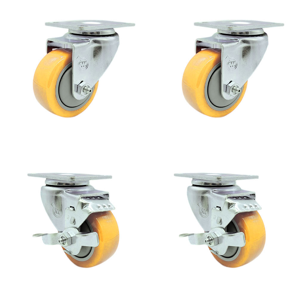 Polyurethane Swivel Top Plate Caster Set of 4 with 3 Inch Yellow Caster Wheels - 316 Stainless Steel Casters - Includes 2 Swivel with Top Lock Brakes and 2 Swivel - Service Caster Brand — photo 1