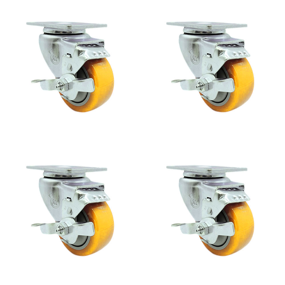 Swivel Caster Set of 4 with Brakes and 3 Inch Yellow Polyurethane Wheel – 300 lbs. Capacity Per Caster – 4 Inch x 4-1/2 Inch Overall Top Plate–Service Caster Brand — photo 1