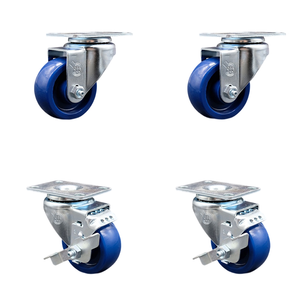 Swivel Caster Set of 4 with 2 Brakes - 3 Inch Solid Polyurethane Wheel – 300 lbs. Capacity Per Caster – 3-1/8 Inch x 4-1/8 Inch Overall Top Plate – Service Caster Brand — photo 1