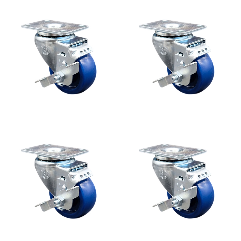 Swivel Caster Set of 4 with Brakes and 3 Inch Solid Polyurethane Wheel – 300 lbs. Capacity Per Caster – 4 Inch x 4-1/2 Inch Overall Top Plate–Service Caster Brand — photo 1