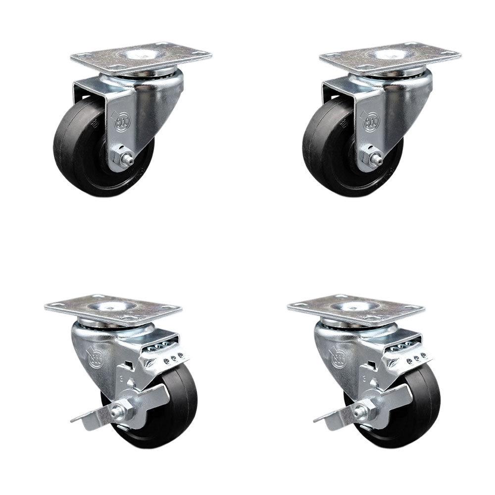 Soft Rubber Swivel Top Plate Caster Set of 4 with 3 Inch Black Wheels - Includes 2 Swivel with Top Locking Brakes and 2 Swivel - 700 lbs. Total Capacity - Service Caster Brand — photo 1