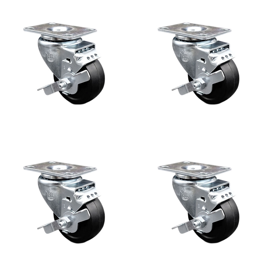 Swivel Caster Set of 4 with Brakes and 3 Inch Soft Rubber Wheel – 175 lbs. Capacity Per Caster – 4 Inch x 4-1/2 Inch Overall Top Plate–Service Caster Brand — photo 1