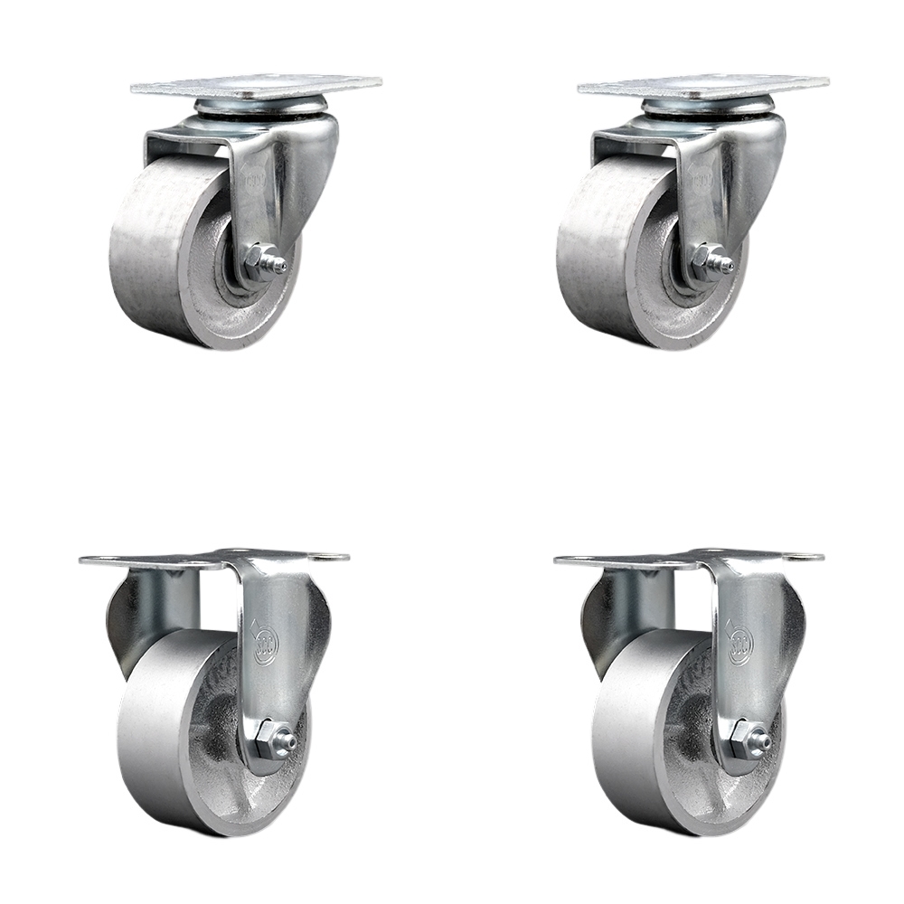 Semi Steel Cast Iron Swivel Top Plate Caster Set of 4 with 3 Inch Silver Wheels - Includes 2 Swivel and 2 Rigid - 1200 lbs. Total Capacity - Service Caster Brand — photo 1